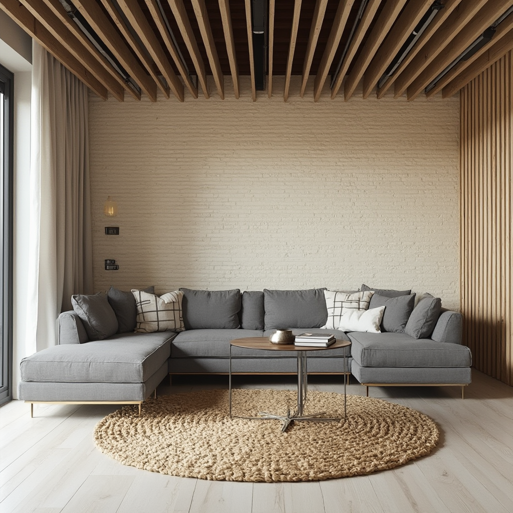 Nowoczesny salon styl skandynawski z narożną szarą sofą, okrągłym dywanem z sizalu, podwieszanym sufitem z drewnianymi listwami i ścianą z cegły dekoracyjnej w odcieniu ecru