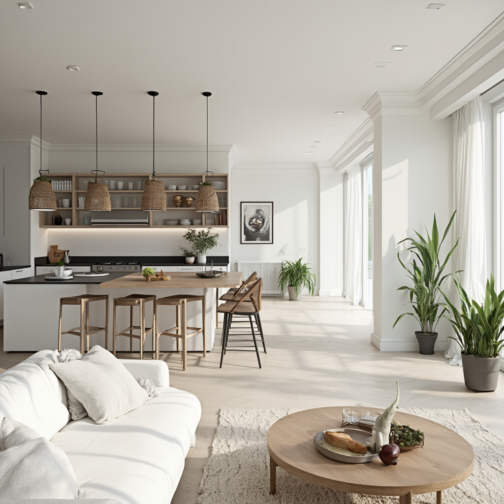 Otwarty salon z kuchnią w stylu skandynawskim: biała sofa z drewnianym stolikem, kuchenna wyspa z czarnym blatem, wiszące szklane szafki, rośliny w wiklinowych koszach