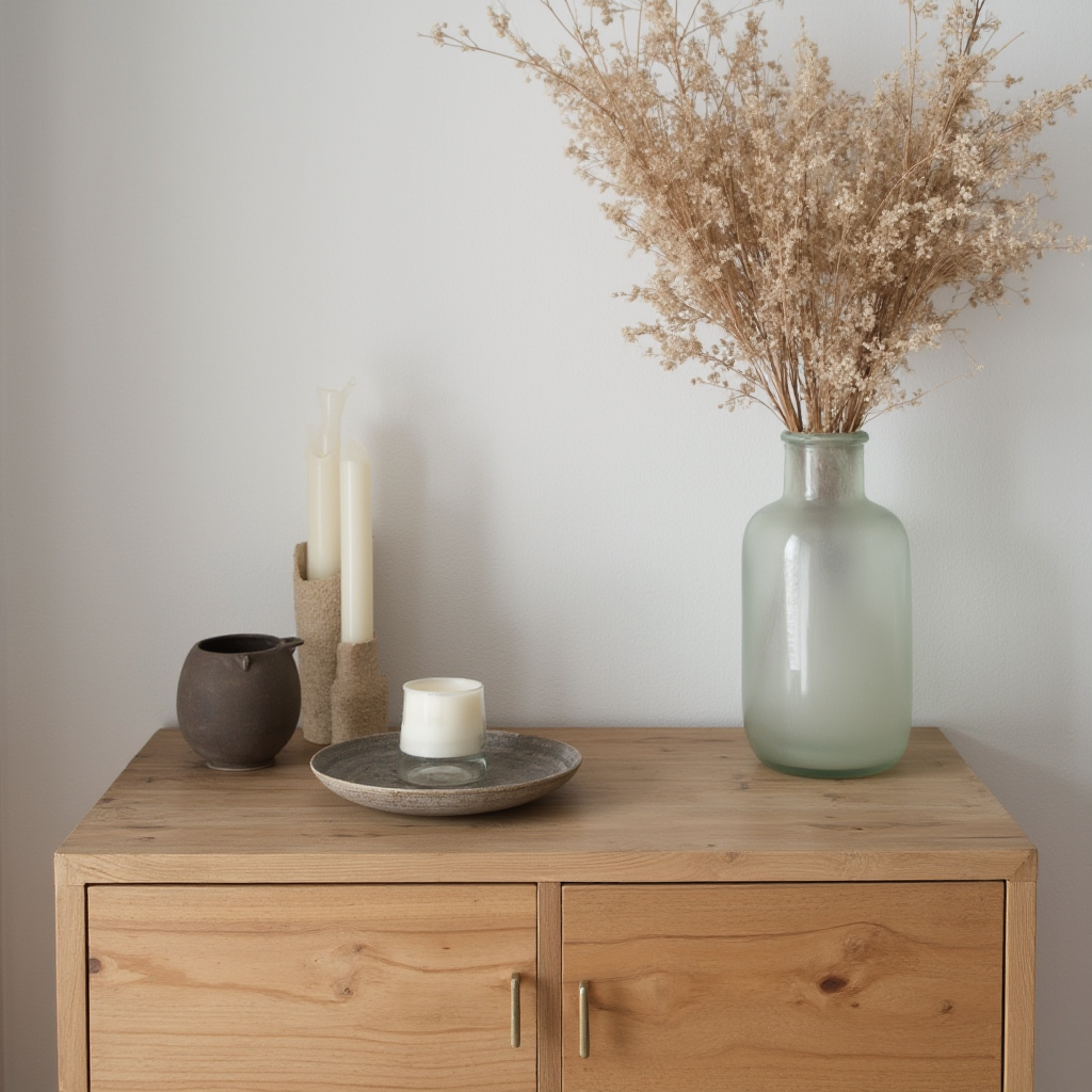 Dodatki w salonie skandynawskim: drewniana konsola z ceramiką ręczną, zestaw świec w szklanych naczyniach, kompozycja suszonych kwiatów w wazonie z matowego szkła