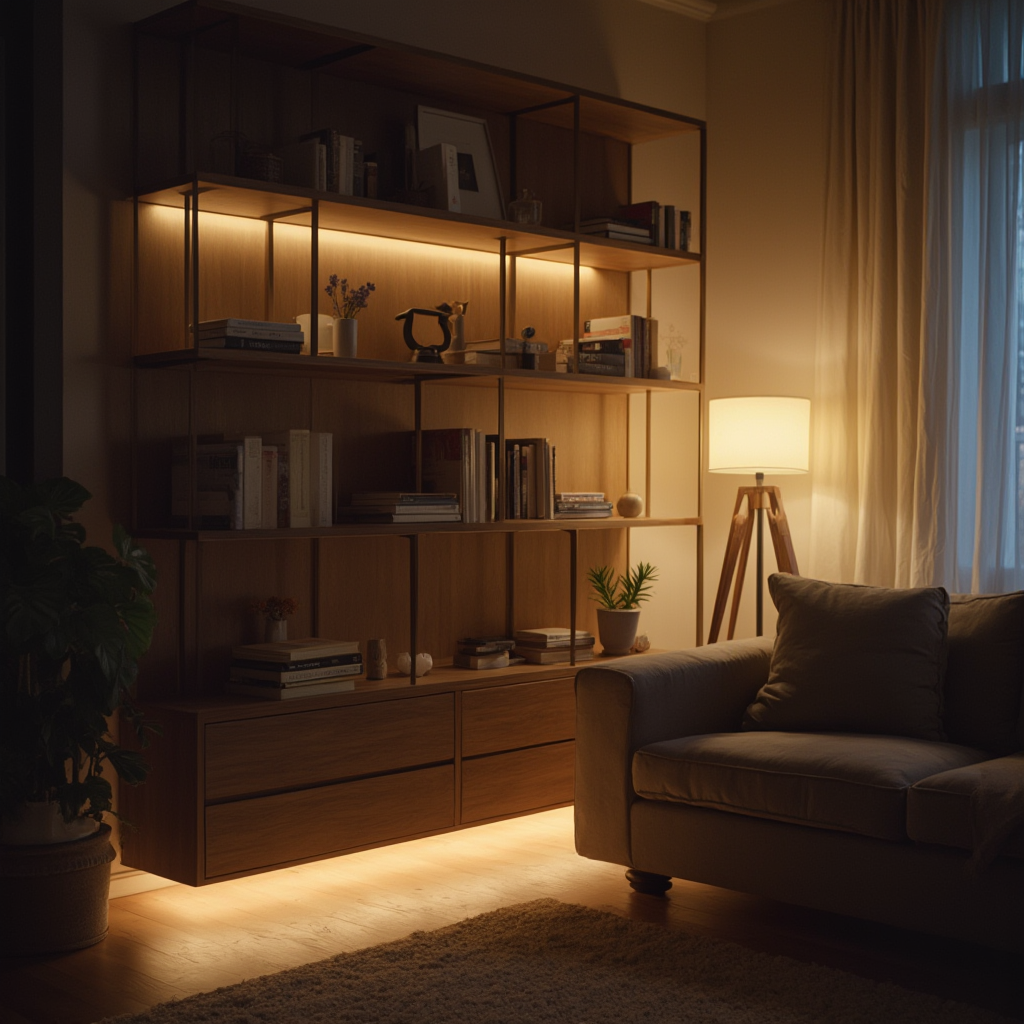Wieczorna atmosfera w salonie skandynawskim: miękkie oświetlenie stołowej lampy PH5, podświetlana półka z książkami, LED-owe taśmy pod sofą w kolorze ciepłej bieli