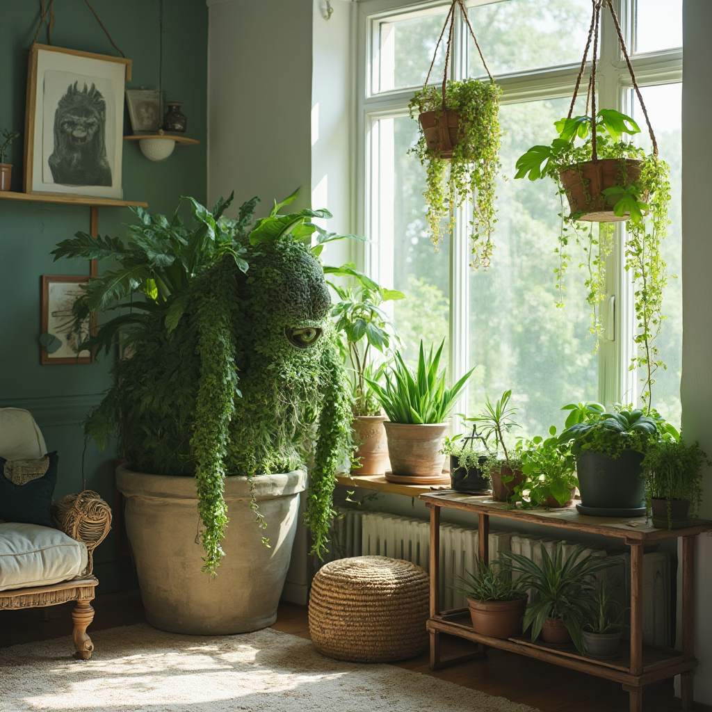 Zielony salon w stylu skandynawskim: duża monstera w płóciennej donicy, wiszące doniczki z bluszczem przy oknie, kompozycja sukulentów na drewnianej półce