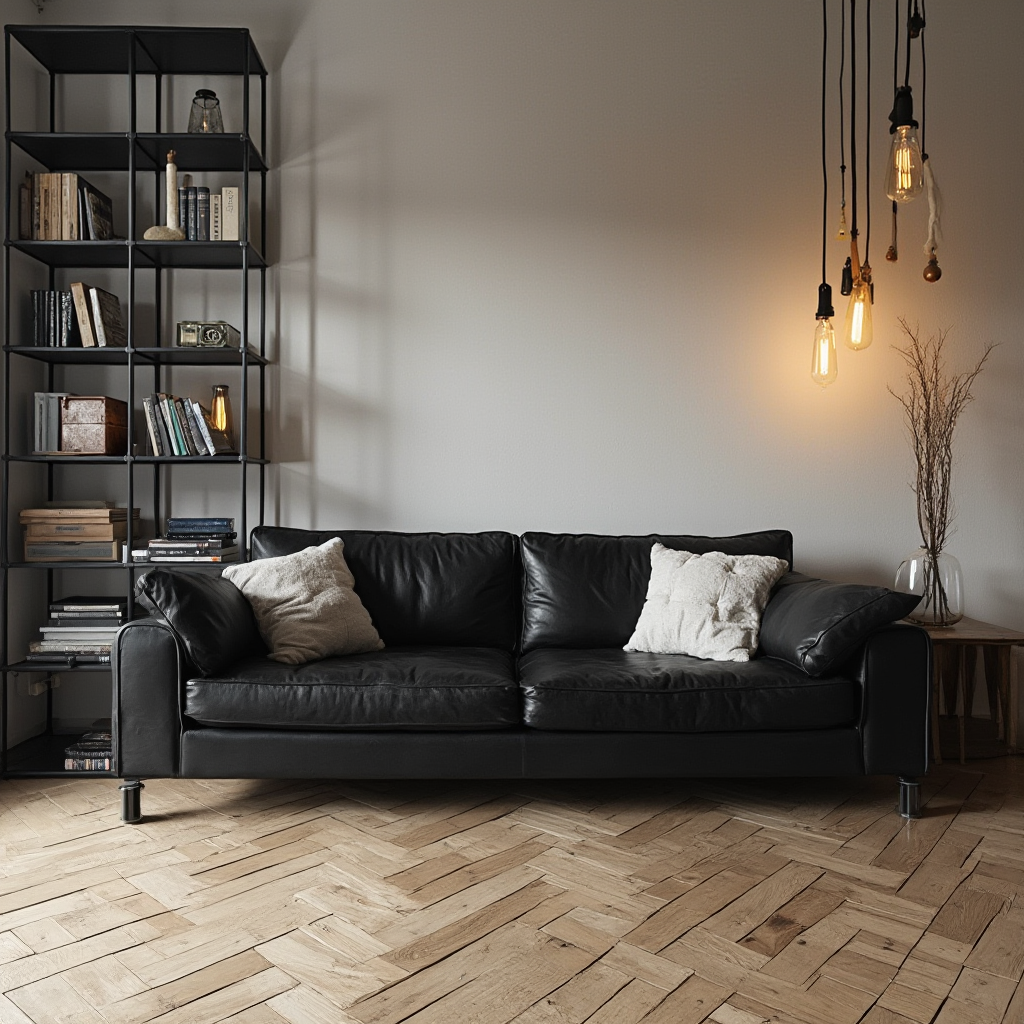 Salon w stylu skandynawsko-industrialnym: sofa z czarnej skóry, metalowy regał modułowy, drewniana podłoga w jodełkę, industrialne lampy Edisona