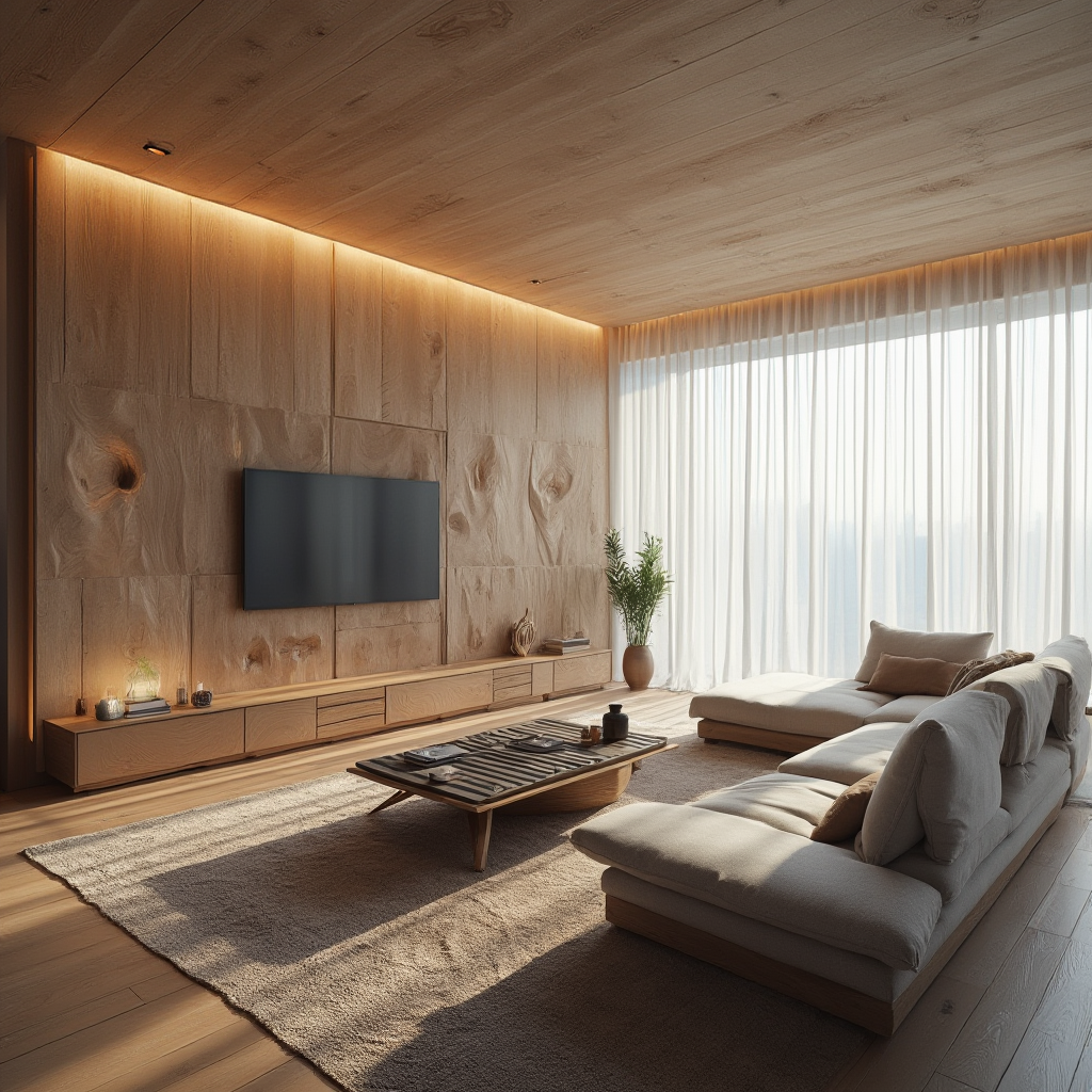 Futurystyczny salon w stylu skandynawskim: meble z drewna modyfikowanego termicznie, ściana z paneli akustycznych w kształcie lodowych kryształów, inteligentny stolik kawowy z wbudowanym ekranem dotykowym