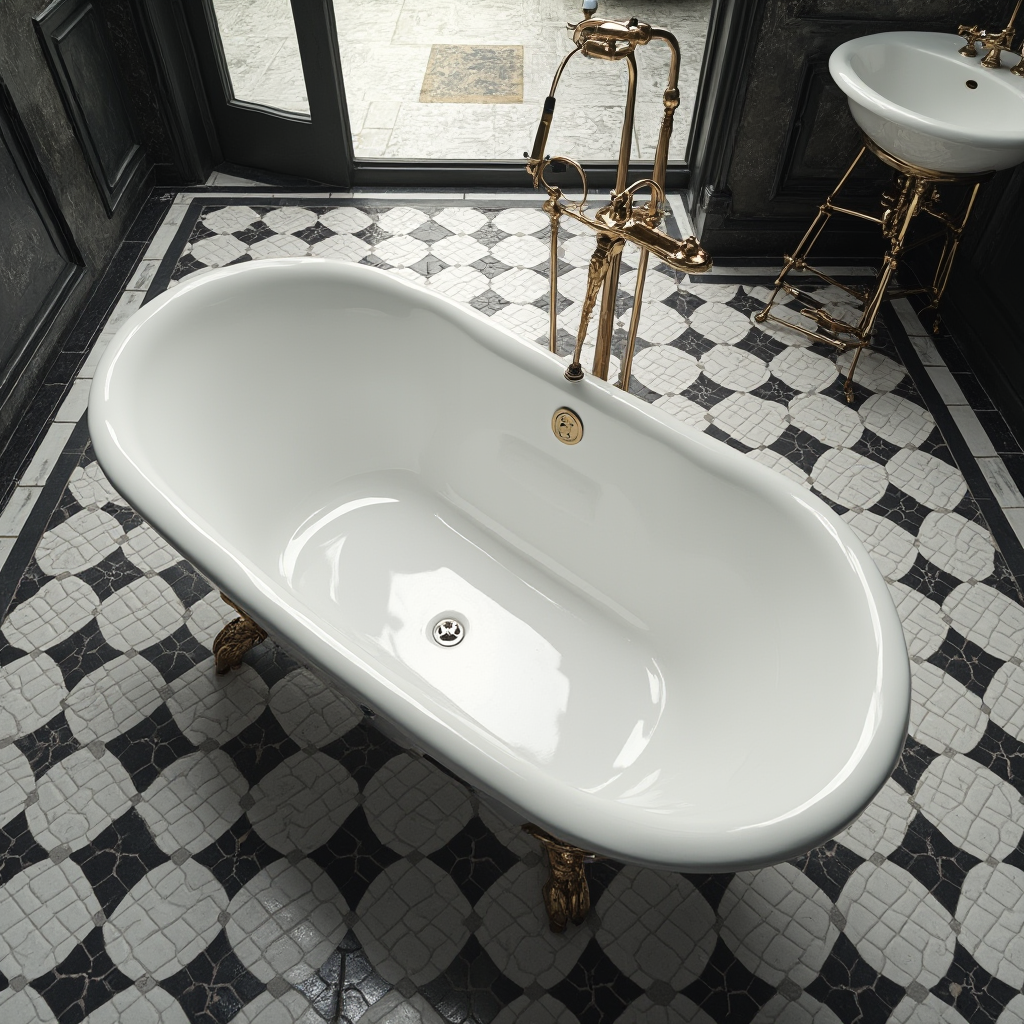 widok z góry na łazienkę w stylu glamour z diamentowym wzorem podłogi z czarno-białych płytek, w centrum wolnostojąca wanna na złotych nogach