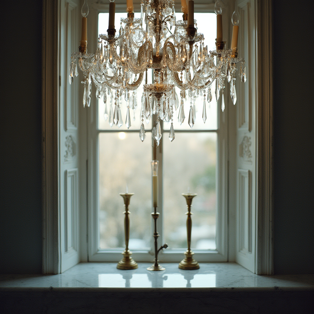 kryształowy żyrandol z wiszącymi elementami w kształcie sopli, oświetlający marmurowy parapet z dwoma złotymi świecznikami