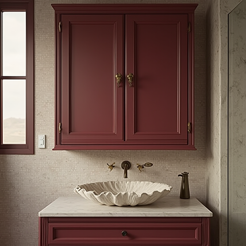 wisząca szafka łazienkowa w kolorze burgundu z mosiężnymi uchwytami, na blacie ceramiczna umywalka w kształcie muszli