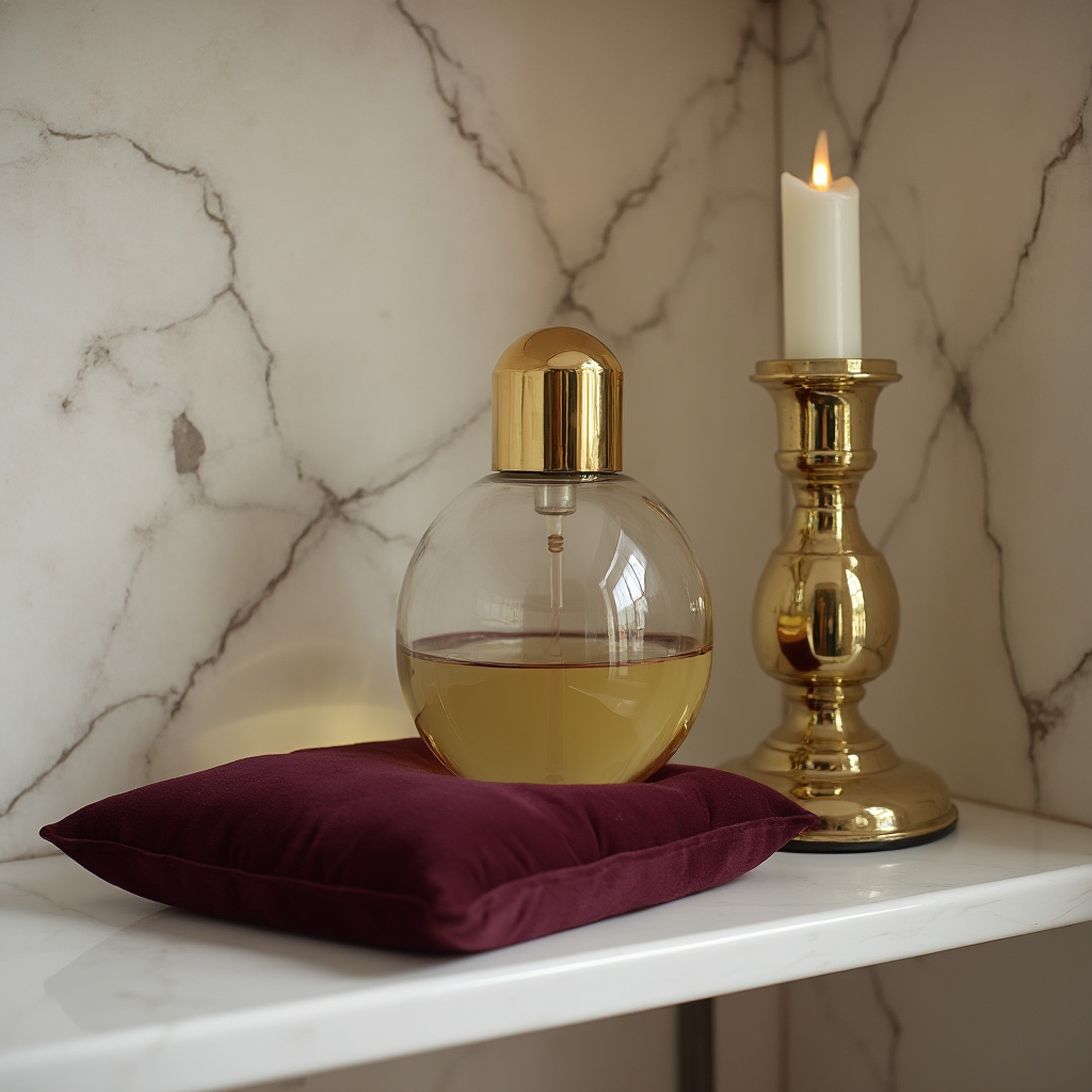 kompozycja dekoracyjna na półce łazienkowej: szklany flakon z złotym wieczkiem, aksamitna podkładka w kolorze bordo, świeca w mosiężnym świeczniku