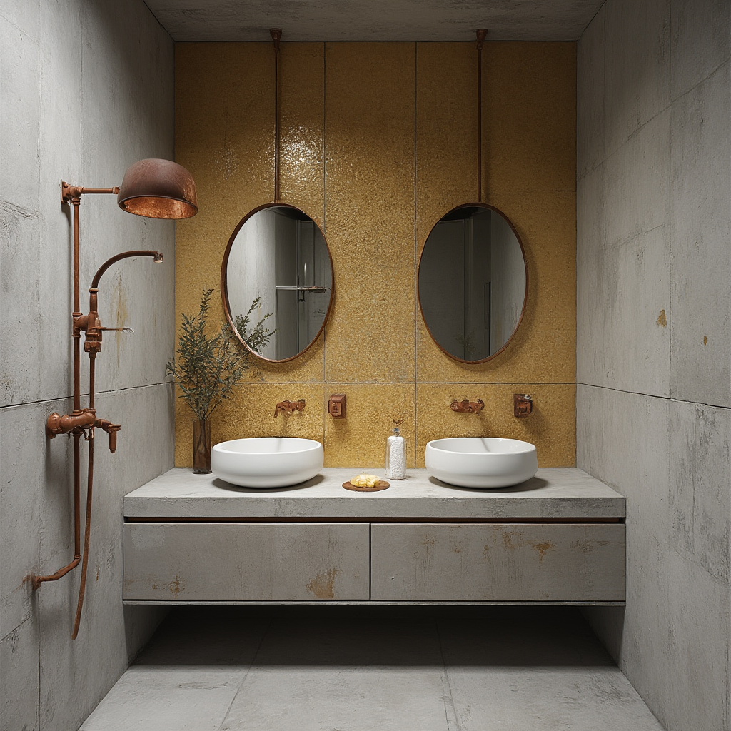 industrialna łazienka glamour z betonową ścianą, miedzianą rurą prysznicową i złotą mozaiką za umywalką
