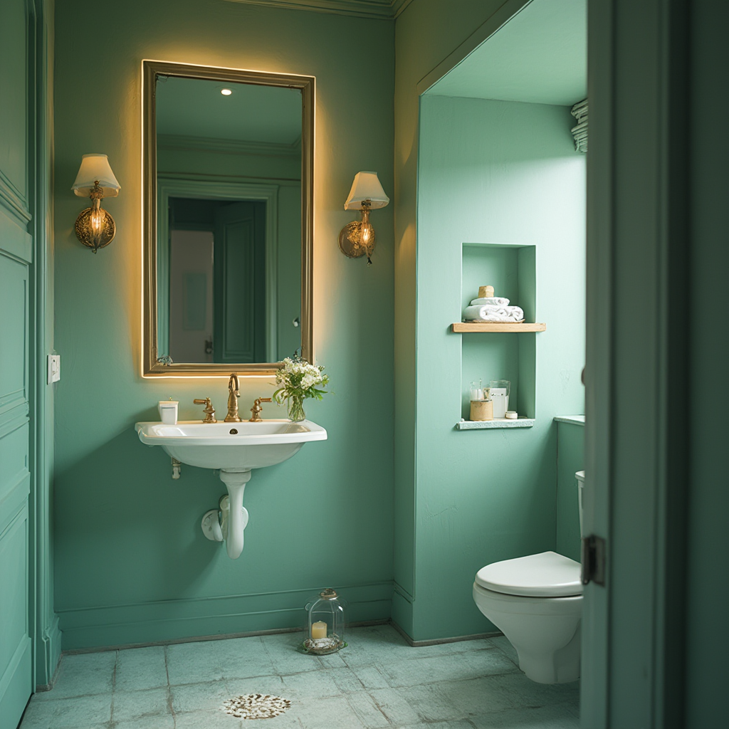 mała łazienka z lustrem w złotej ramie, podświetlaną niszą na ręczniki i wiszącą umywalką w kolorze morskiej zieleni