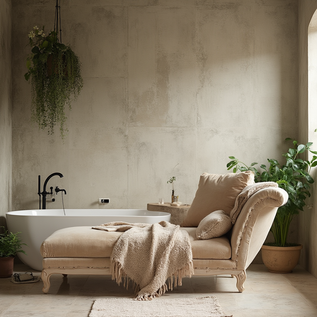 przestrzeń relaksu w łazience z leżanką obitą aksamitem, ścianą z fakturowanego tynku i wiszącą roślinnością