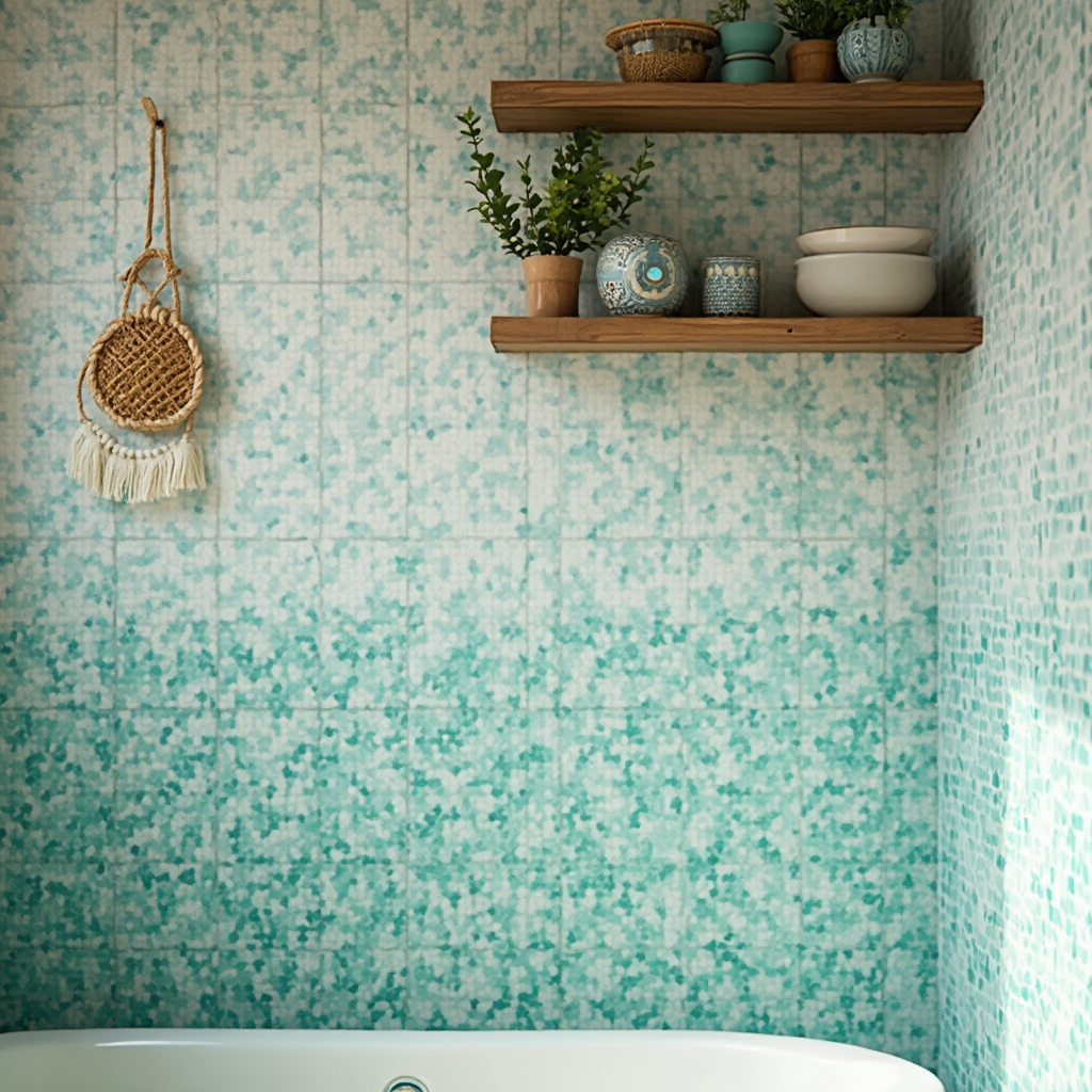 Kompozycja ściany w łazience boho z mozaikowymi płytkami w odcieniach turkusu i bieli, drewnianą półką z ceramiką oraz wiszącą makramą. Kadr pionowy, skupiający się na detalach tekstur.
