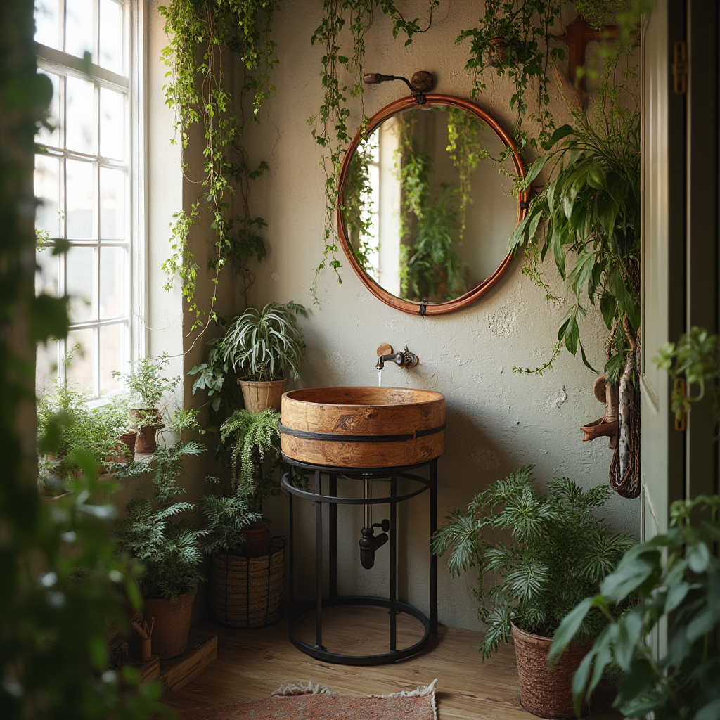 Narożna łazienka boho z okrągłą drewnianą umywalką na metalowej podstawie, otoczona roślinami pnącymi i lustrem w okręgu z miedzianej rury. Kadr diagonalny, podkreślający nietypowy kształt aranżacji.