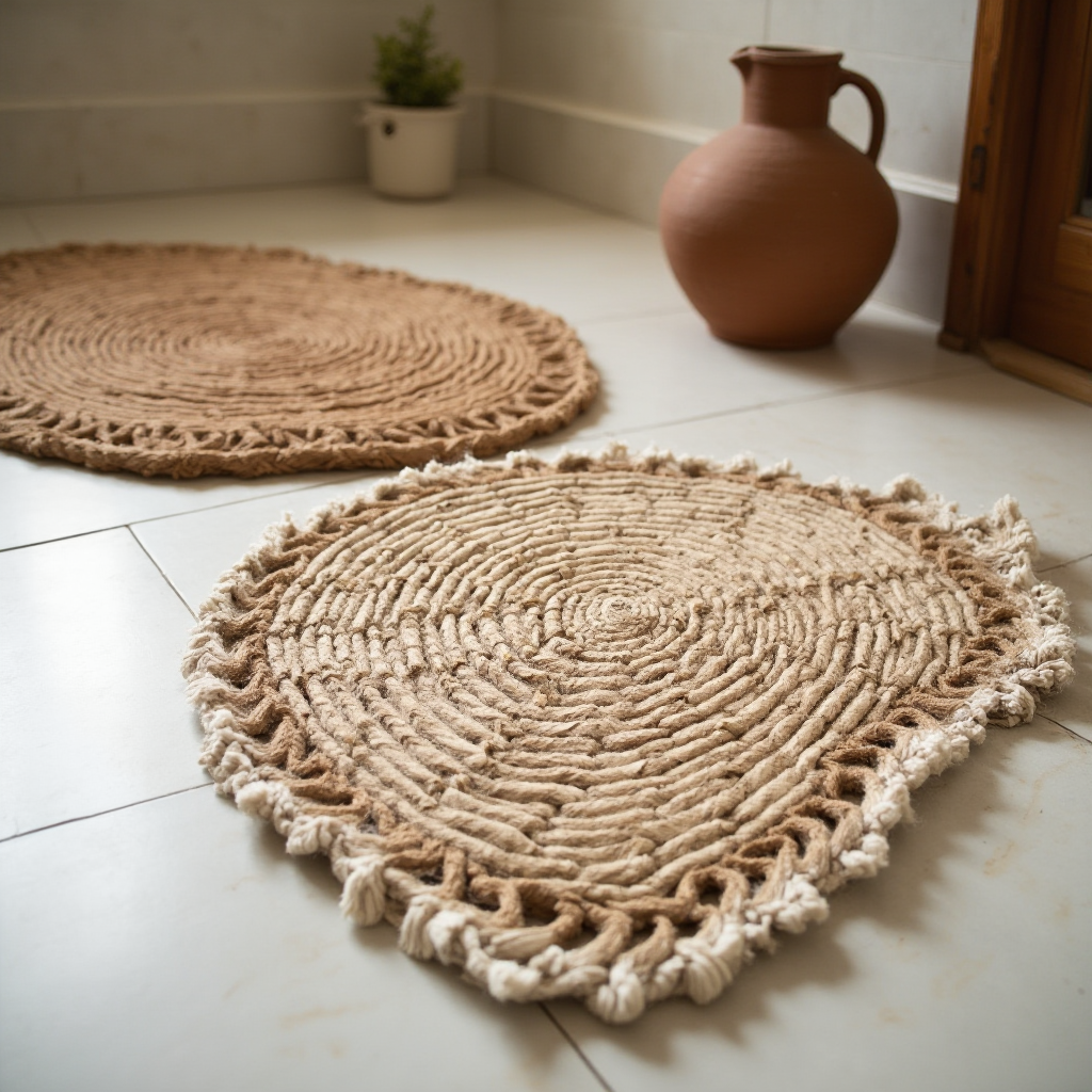 Detal podłogi w łazience boho: układ dywaników z juty i bawełny w kształcie liści, obok glinianego dzbana. Kadr z niskiej perspektywy, podkreślający fakturę plecionki.