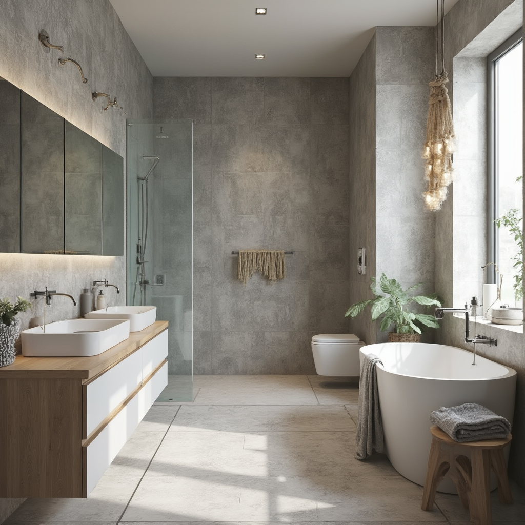 Nowoczesna łazienka z subtelnymi akcentami boho: szare płytki 3D na ścianie, proste drewniane meble i pojedyncza makrama z sizalowym sznurem. Kadr panoramiczy, podkreślający przestrzeń.