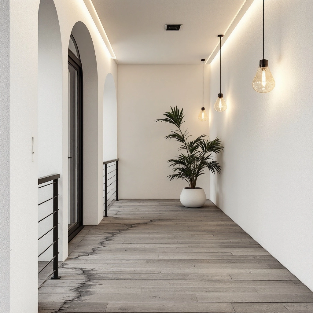 modernistyczny balkon z połączeniem żywicy i desek kompozytowych, wiszące lampy solarne