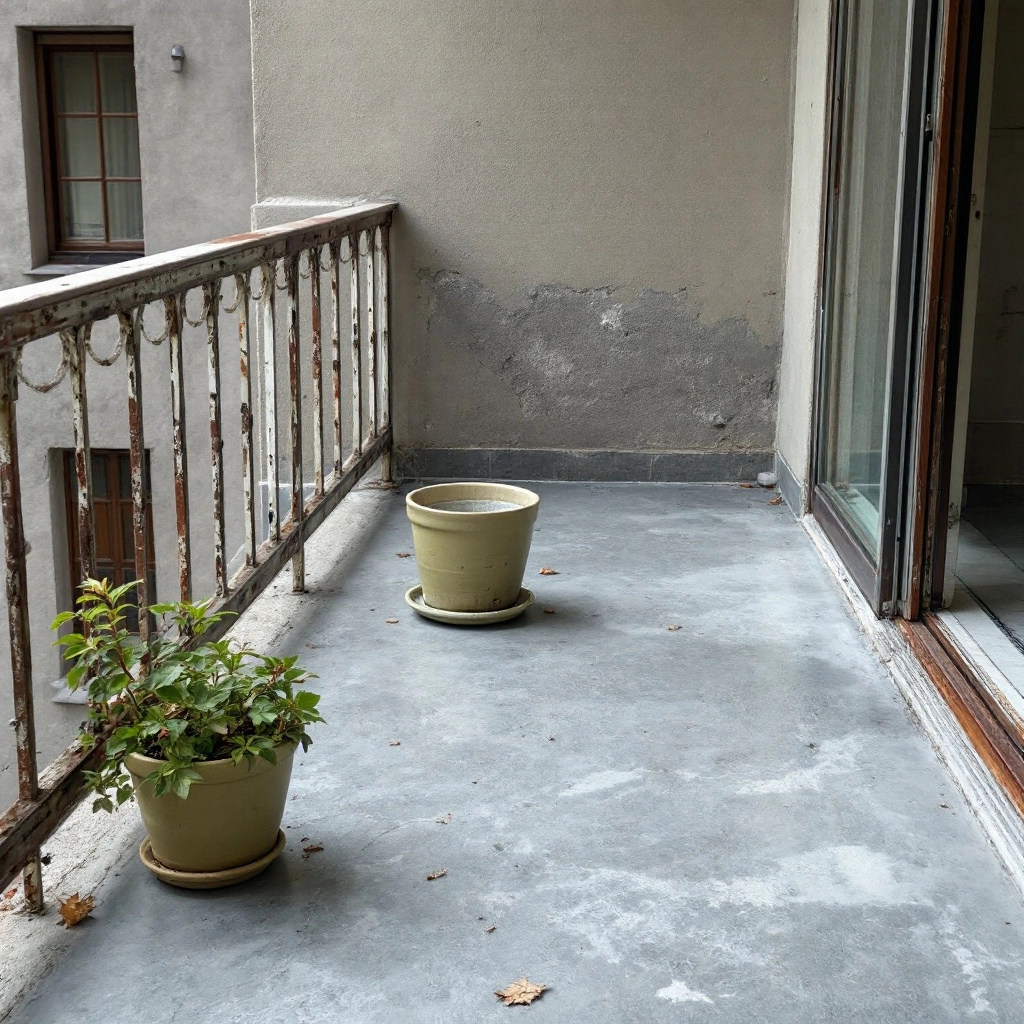 balkon z posadzką żywiczną w kolorze cementu szarym, donice z oliwkami