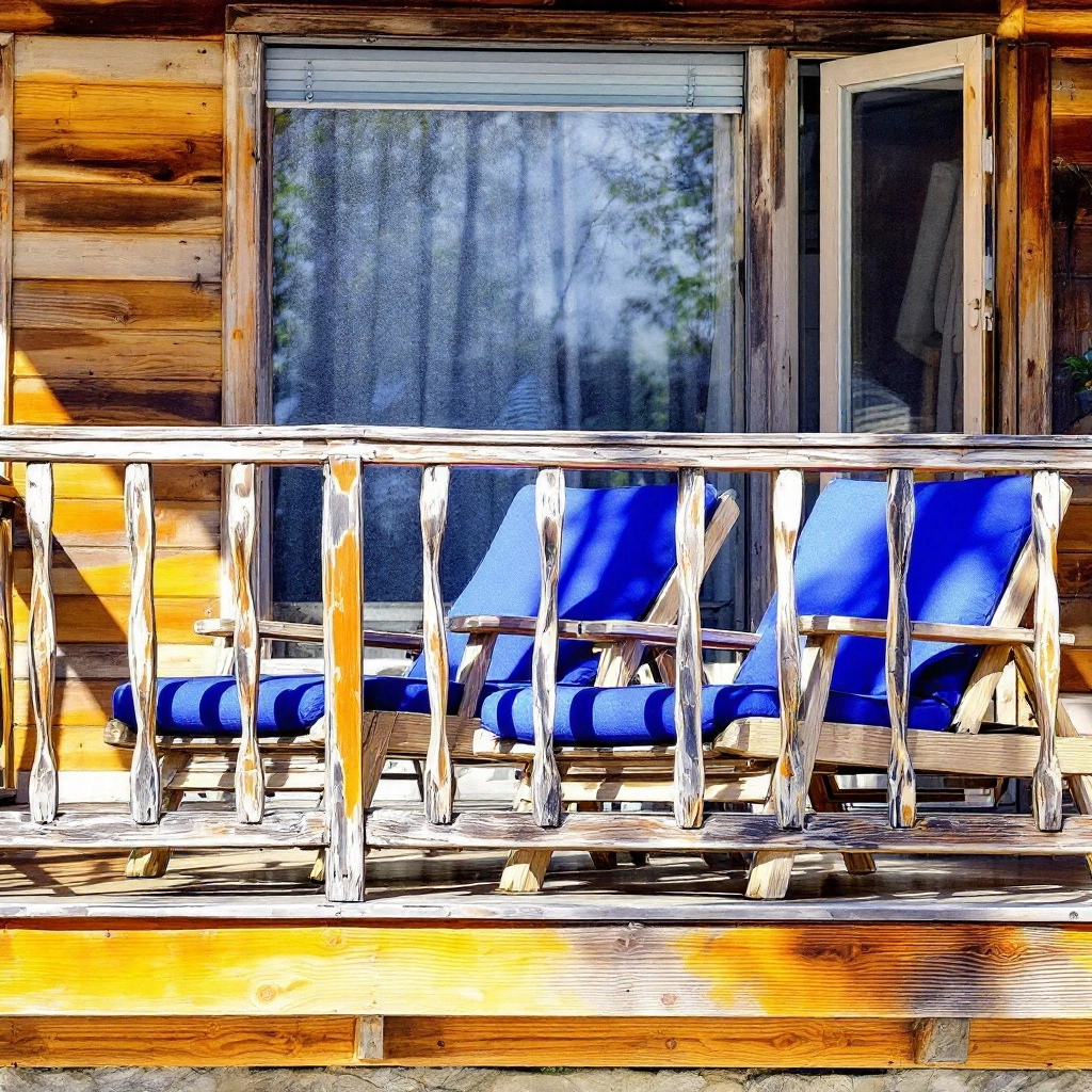 drewniany balkon w kolorze miodowym, leżaki z poduszkami w odcieniach błękitu