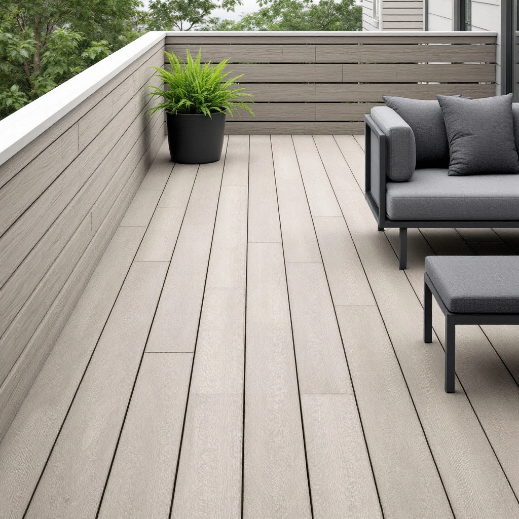 szarobeżowe deski kompozytowe na balkonie, nowoczesna sofa ogrodowa w kolorze grafitu