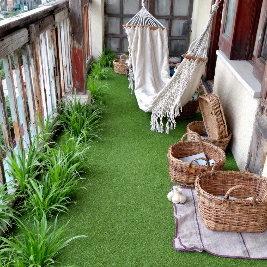 balkon wyłożony sztuczną trawą z hamakiem i wiklinowymi koszami