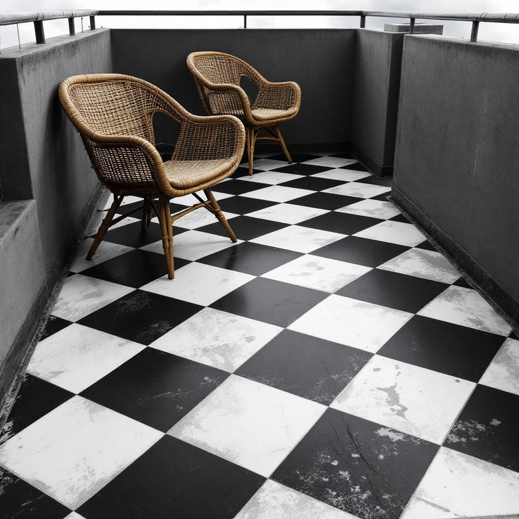 kontrastowy dywan w czarno-białą szachownicę na betonowym balkonie, rattanowe fotele