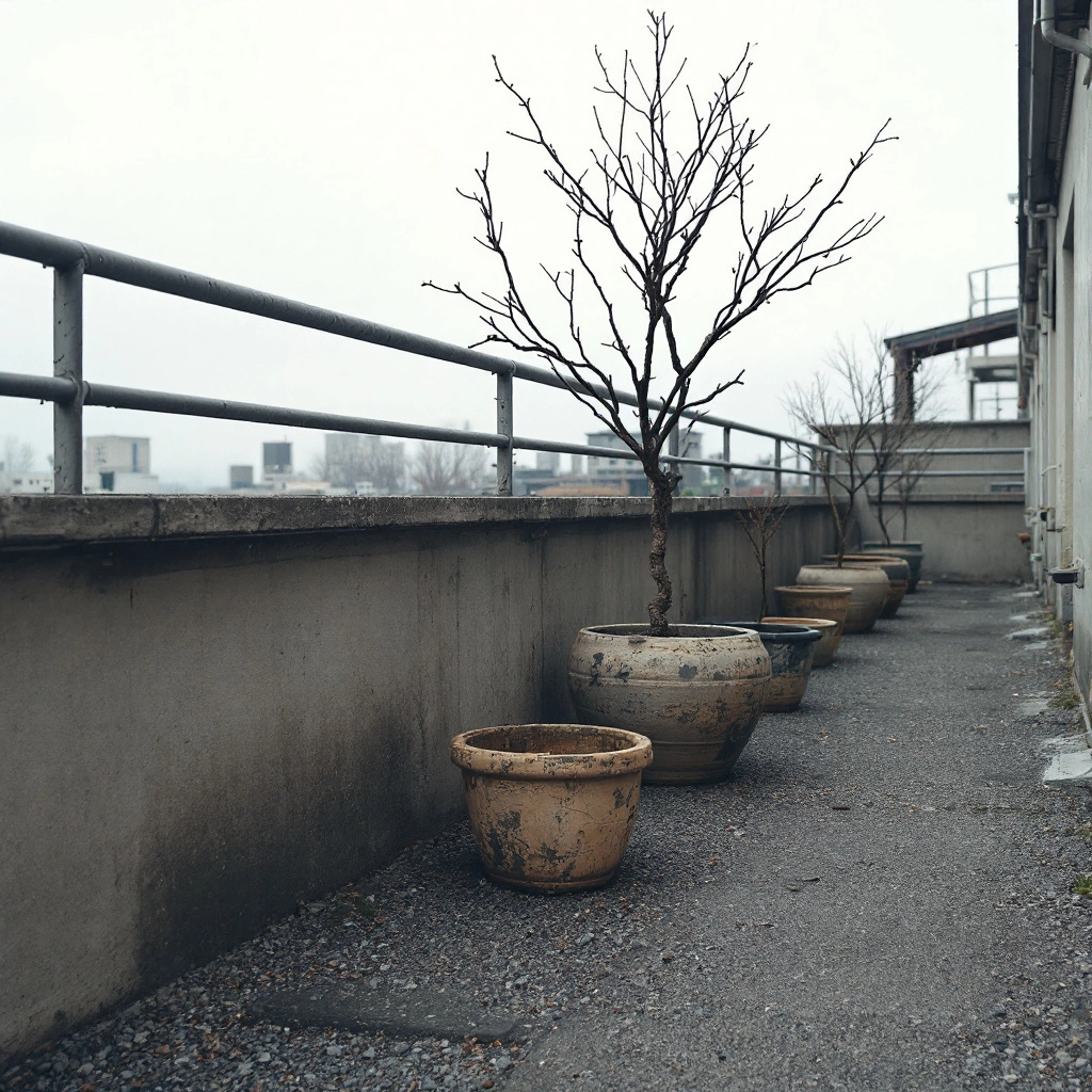 industrialny balkon z szarym żwirem i betonowymi donicami