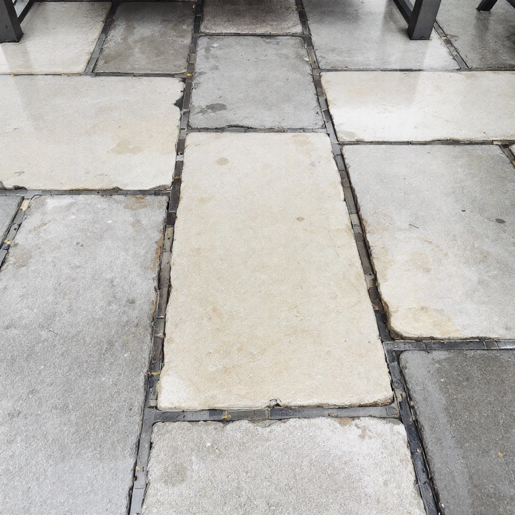 kamienne płyty w odcieniach szarości na podłodze balkonu, stalowy stolik