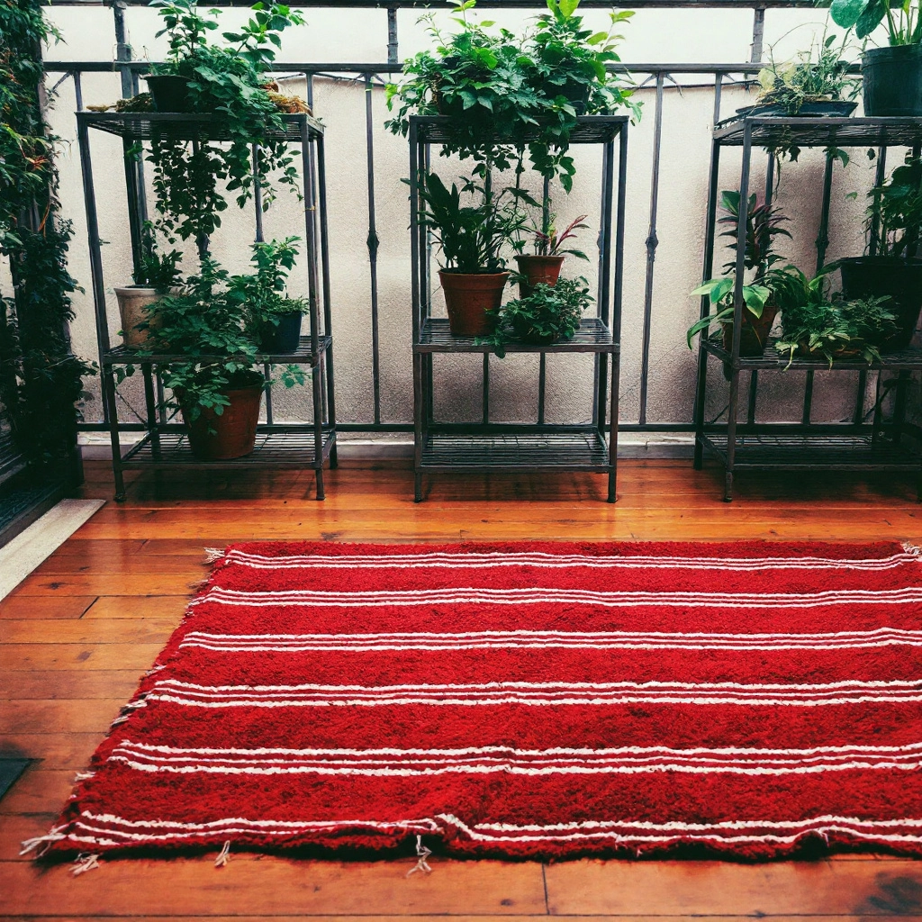 balkon z drewnianą podłogą i dywanem w poprzeczne pasy, metalowe półki na rośliny