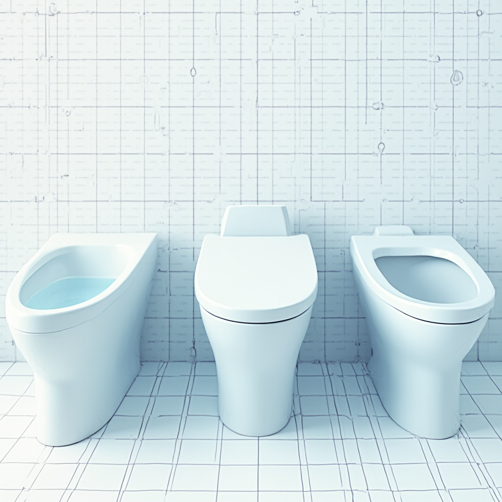 Trzy różne modele bidetów ustawione obok siebie na tle siatki projektowej z wymiarami, techniczny rysunek w stylu blueprint, kolorystyka biało-niebieska