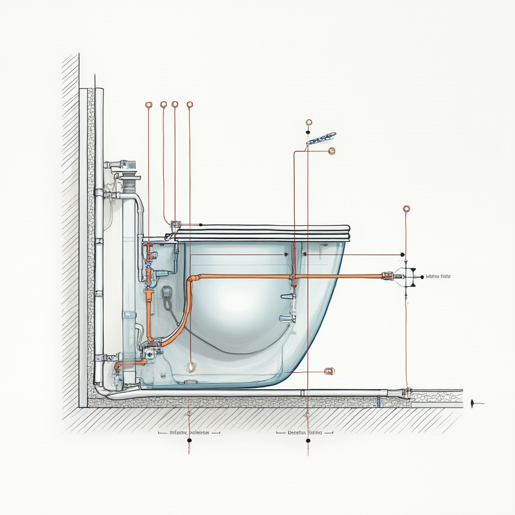 Schemat instalacyjny bidetu podwieszanego z zaznaczonymi przyłączami wod-kan, rysunek techniczny w przekroju, szczegóły połączeń hydraulicznych