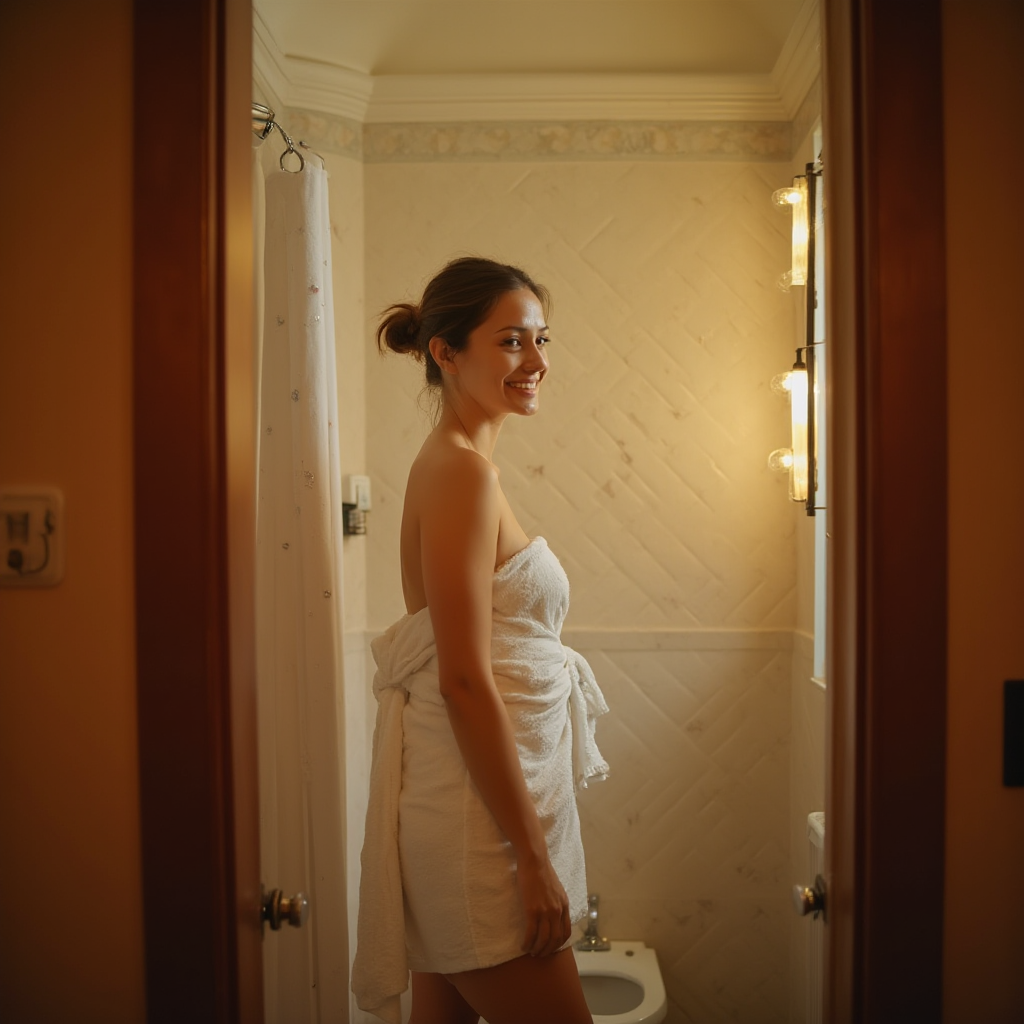 Kobieta w ręczniku uśmiecha się stojąc w małej łazience z bidetem, ciepłe oświetlenie żarowe, drewniane akcenty w wystroju, kadr z poziomu oczu