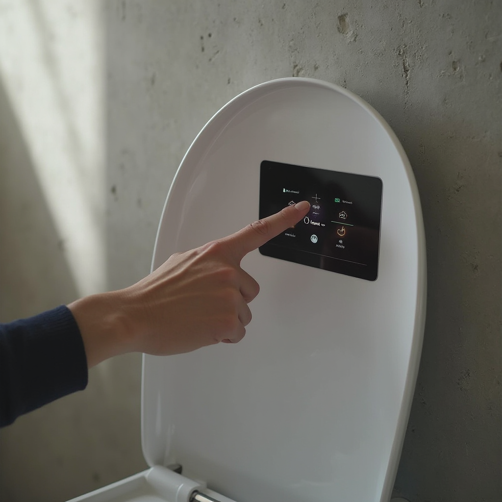 Dłoń naciskająca przycisk na panelu sterującym bidetu, nowoczesny interfejs dotykowy z ikonkami, tło z fakturą betonu architektonicznego, miękkie światło padające pod kątem