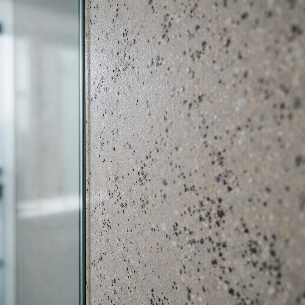 mikrocementowy panel prysznicowy z wtopionymi kruszywami mineralnymi, szklana parawanowa szyba