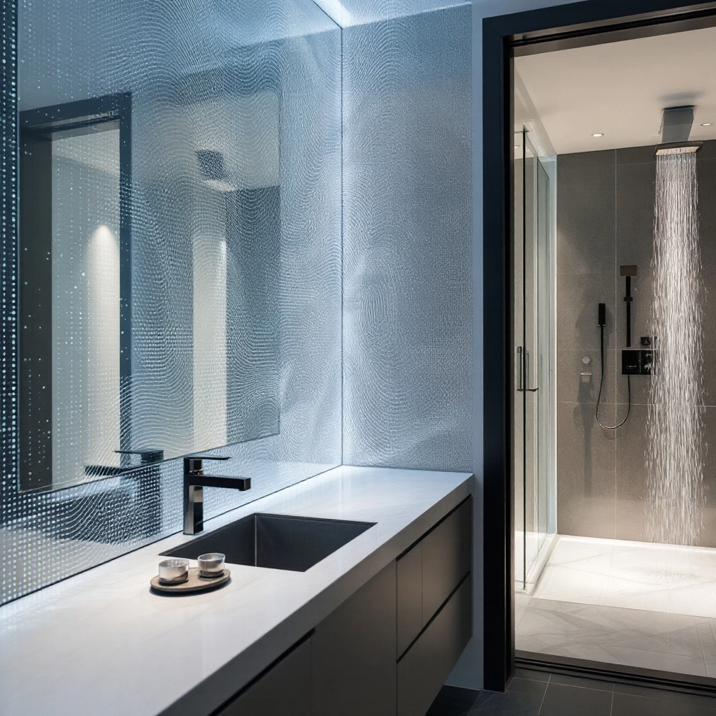 interaktywna ściana z szkła elektrochromowego zmieniająca przejrzystość w łazience hotelowej