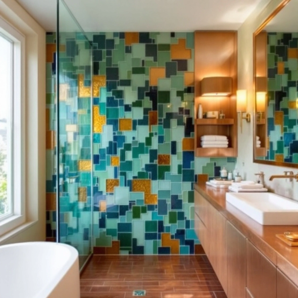 przestrzenna łazienka z mozaiką z recyklingowanego szkła i panelami hybrydowymi w kolorze miedzi