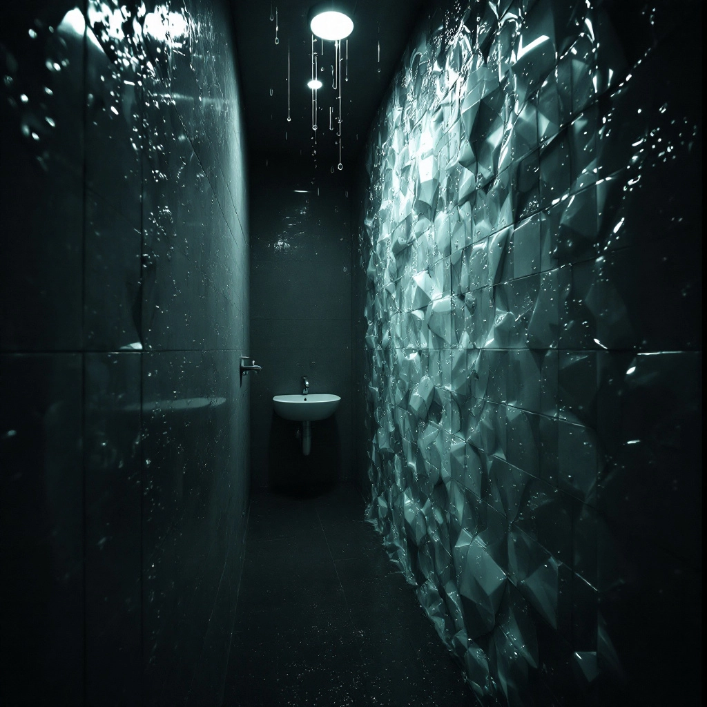 eksperymentalna łazienka z hydroceramiczną ścianą zmieniającą strukturę pod wpływem wilgotności