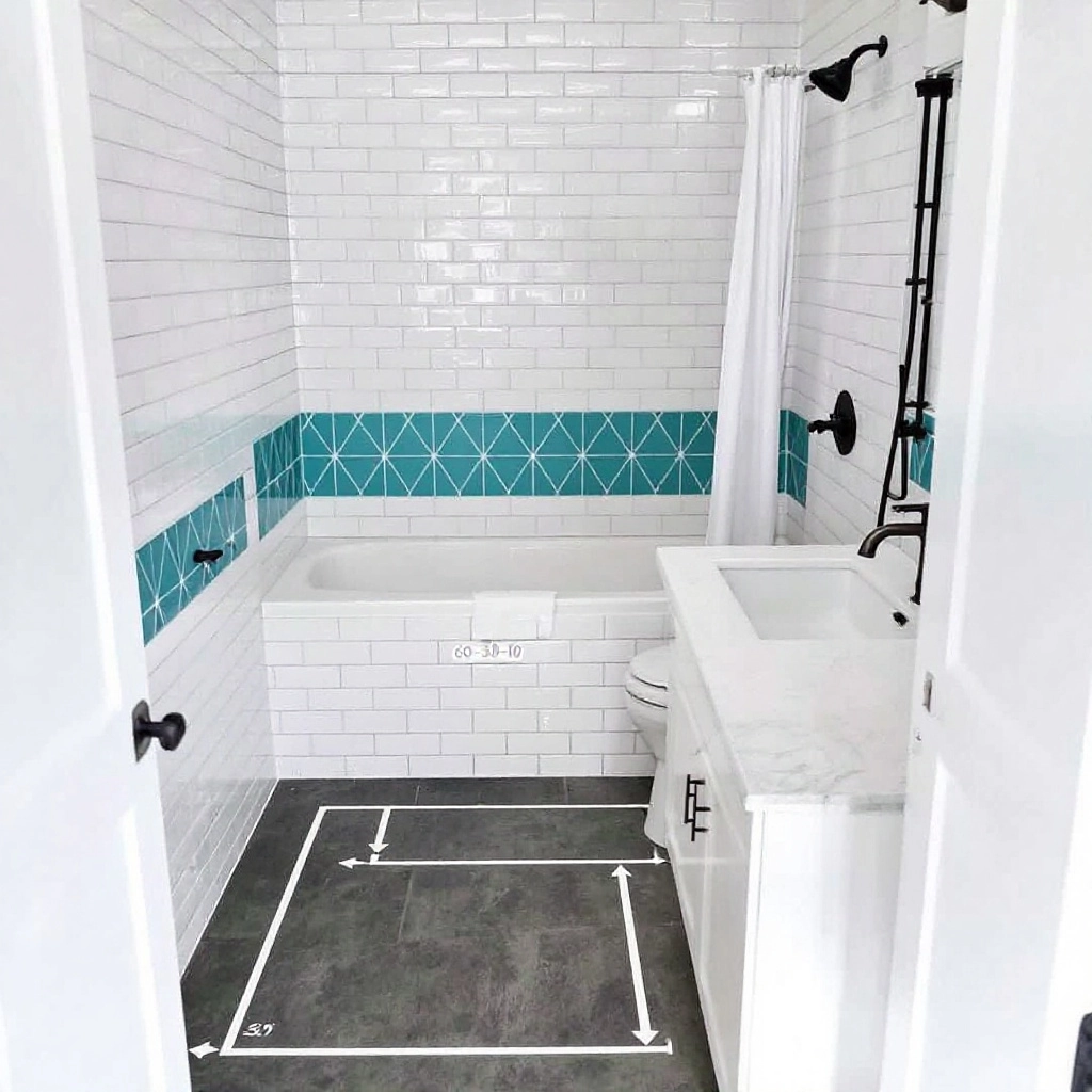 diagram pokazujący rozkład materiałów w łazience według zasady 60-30-10 z oznaczeniami stref