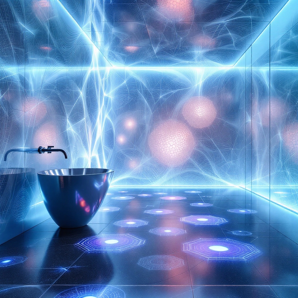 konceptualna łazienka przyszłości z całkowicie interaktywnymi, przezroczystymi ścianami reagującymi na gesty