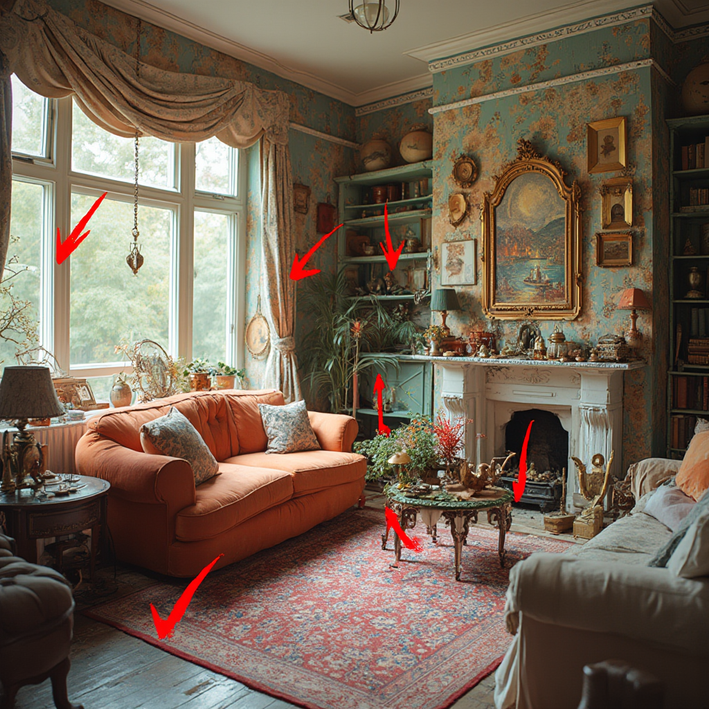 Fragment pokoju z błędami aranżacyjnymi: przeładowanie dekoracjami, mieszanka stylów i jaskrawych kolorów. Kadr celowo chaotyczny, z zaznaczonymi czerwonymi strzałkami wskazującymi błędy.