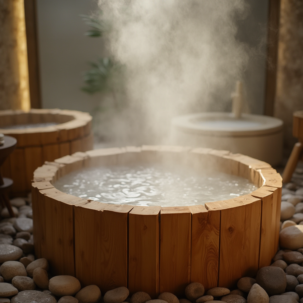 Drewniana wanna ofuro otoczona gładkimi kamieniami i parująca wodą, z widocznym zaparowanym lustrem w tle. Kadr z miękkim focusem, oddający atmosferę relaksu.