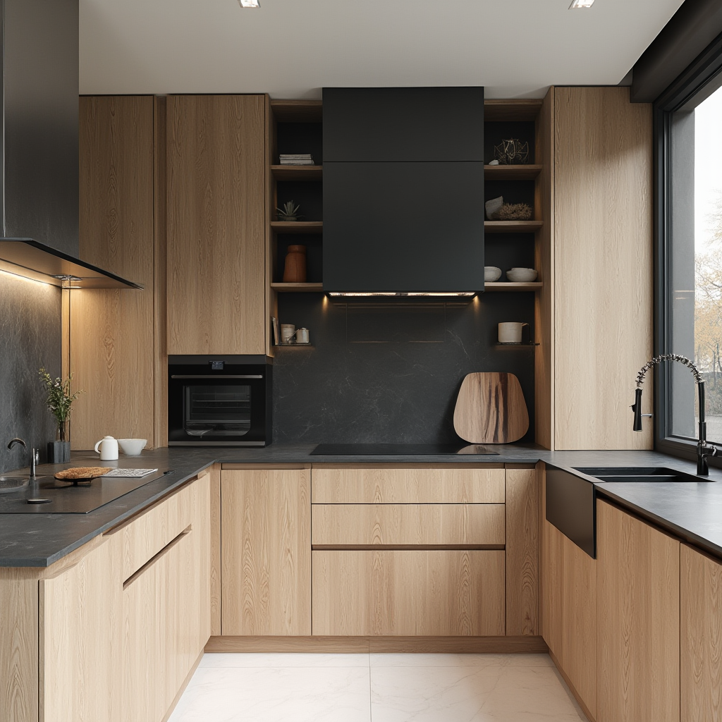 Nowoczesna kuchnia z frontami z jesionu w kolorze shiro, blatami z czarnego bazaltu i minimalistycznymi uchwytami. Kadr szerokokątny, ukazujący integrację sprzętów AGD w zabudowie.