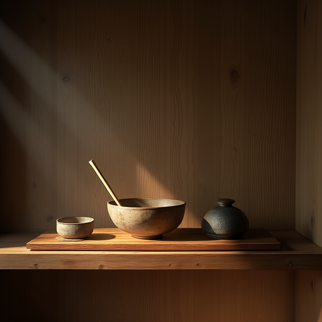 Drewniana półka z ceremonią herbaty: czarka chawan, bambusowa łyżka chashaku i pojemnik na herbatę natsume. Kadr z góry, z naturalnym oświetleniem padającym z lewej strony.