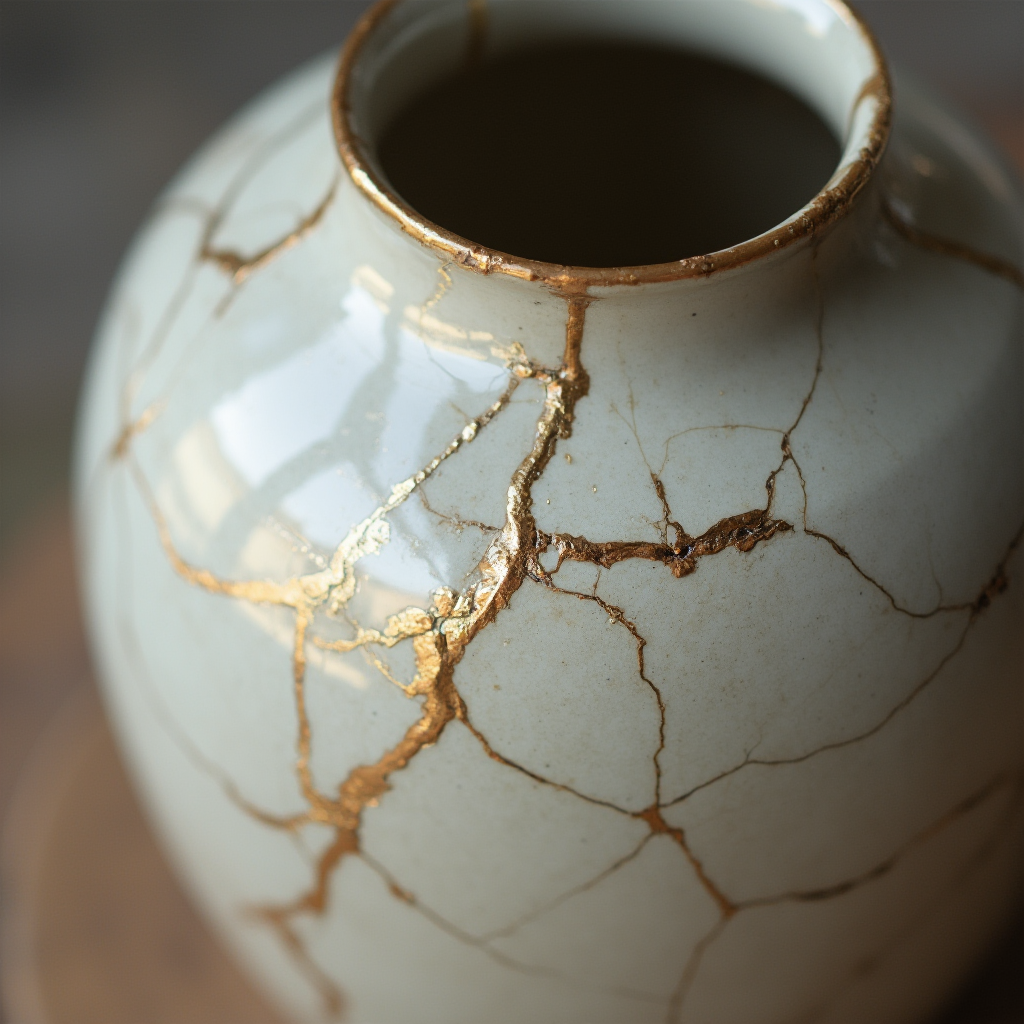 Zbliżenie na ceramiczny wazon naprawiony techniką kintsugi, ze złotymi żyłkami podkreślającymi pęknięcia. Kadr makro z ostrością na fakturze złota.