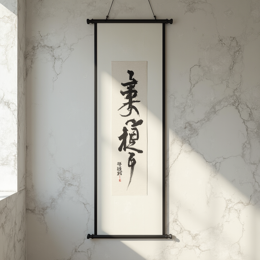 Detal ściany z fakturą tynku marmurynowego w odcieniu shiro, z wiszącym pojedynczym zwitkiem kaligrafii w czarnych ramach. Kadr pionowy, skupiony na kontraście między surową ścianą a precyzyjnym pędzlem.
