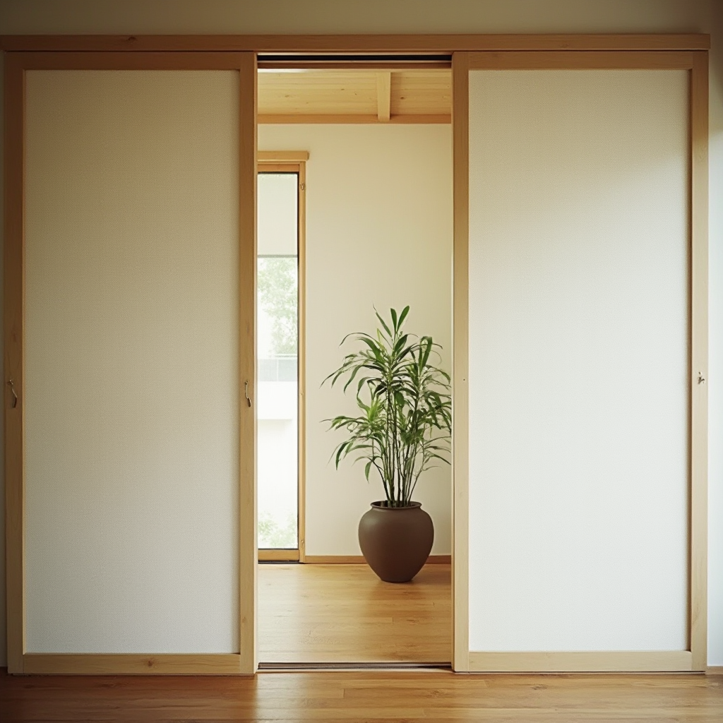Przesuwna ściana shōji oddzielająca salon od sypialni, z widocznym za nią konturem rośliny w ceramicznej donicy. Kadr ukośny, podkreślający głębię przestrzeni.