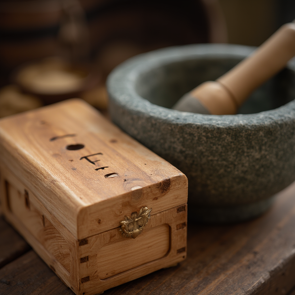 Zbliżenie na drewnianą skrzynię tansu z widocznymi sękami i naturalnymi pęknięciami, obok kamiennego moździerza z drewnianą tłuczkiem. Kadr makro, podkreślający faktury materiałów.