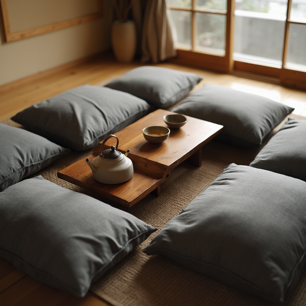 Niski drewniany stół chabudai otoczony szarymi poduchami zabuton, z ceramicznym czajnikiem i dwoma czarkami. Kadr z perspektywy siedzącej osoby, podkreślający ergonomię użytkowania.