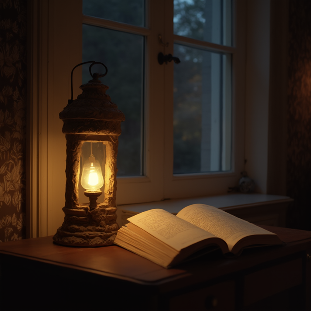 Wieczorny widok na kącik czytelniczy z podłogową lampą w kształcie kamiennej latarni, rzucającą miękkie światło na otwartą książkę. Kadr nokturnowy z ciepłą tonacją kolorystyczną.