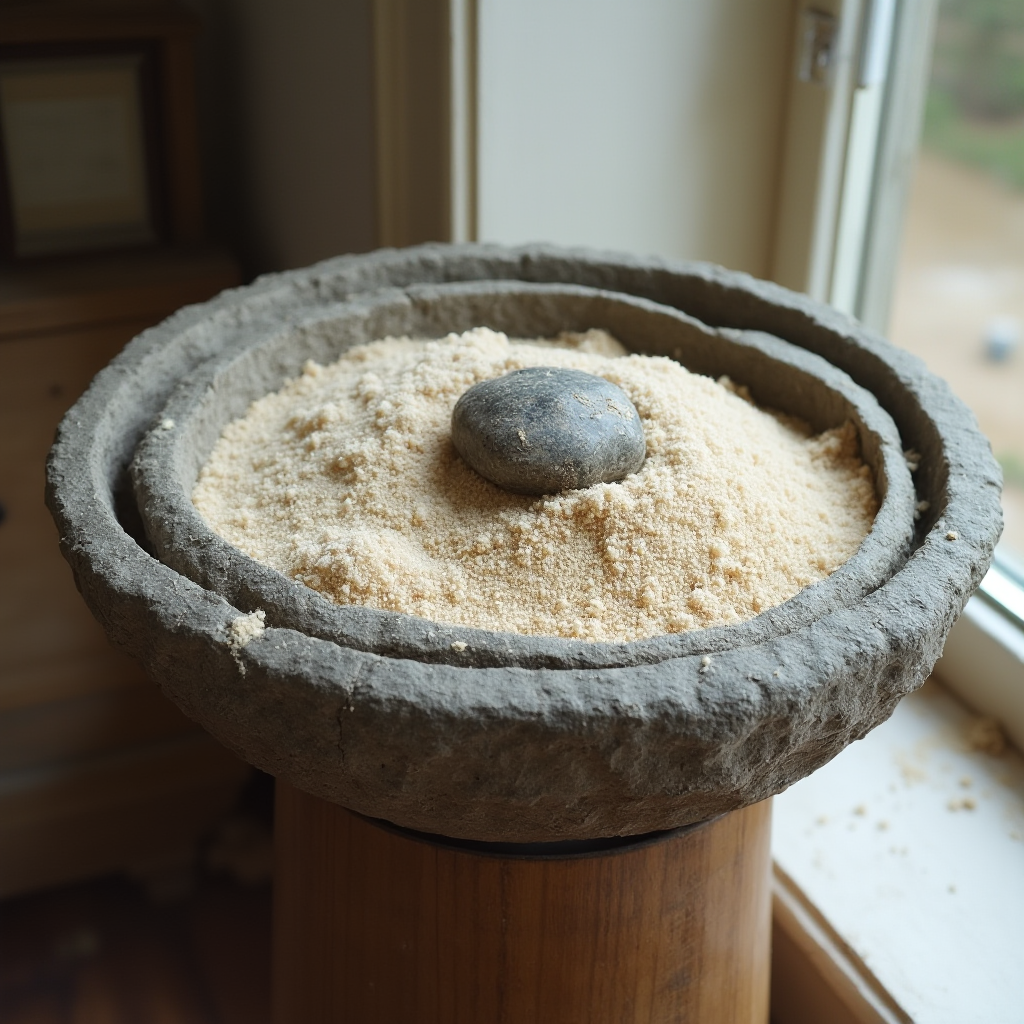 Kamienna misa z kompozycją piasku i pojedynczego kamienia, ustawiona na drewnianym postumencie przy oknie. Kadr zamknięty, z ostrością na fakturze piasku.