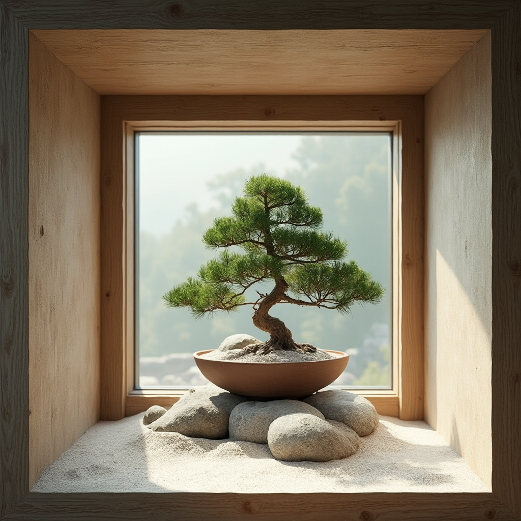 Wnęka okienna z kompozycją kamieni, piasku i pojedynczej sosny bonsai w płaskiej ceramicznej donicy. Kadr symetryczny, z widocznym podziałem na trzy poziome strefy.