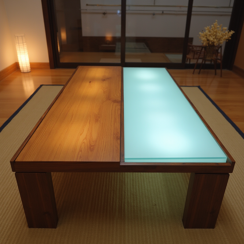 Porównanie tradycyjnego i współczesnego japońskiego stołu herbaciego – z lewej drewniana chabudai, z prawej szklany stolik z podświetleniem LED. Kadr podzielony na dwie pionowe sekcje.